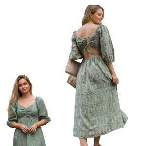 Joie Embroidered Tie Back Midi Dress Green Eyelet Size 4